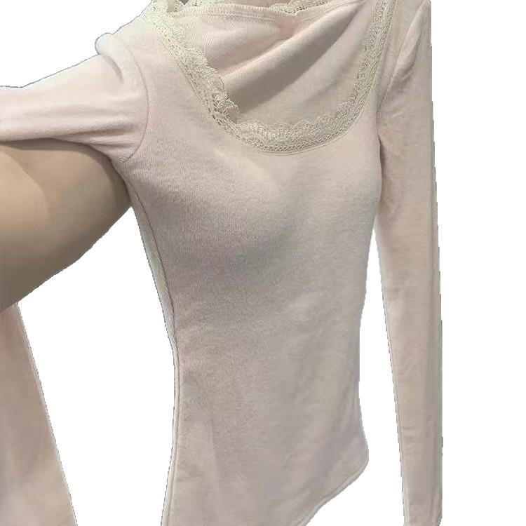 Autumn Winter Plush Lace Trim Long Sleeve T-shirt with Chest Pads - Women's Soft Base Layer