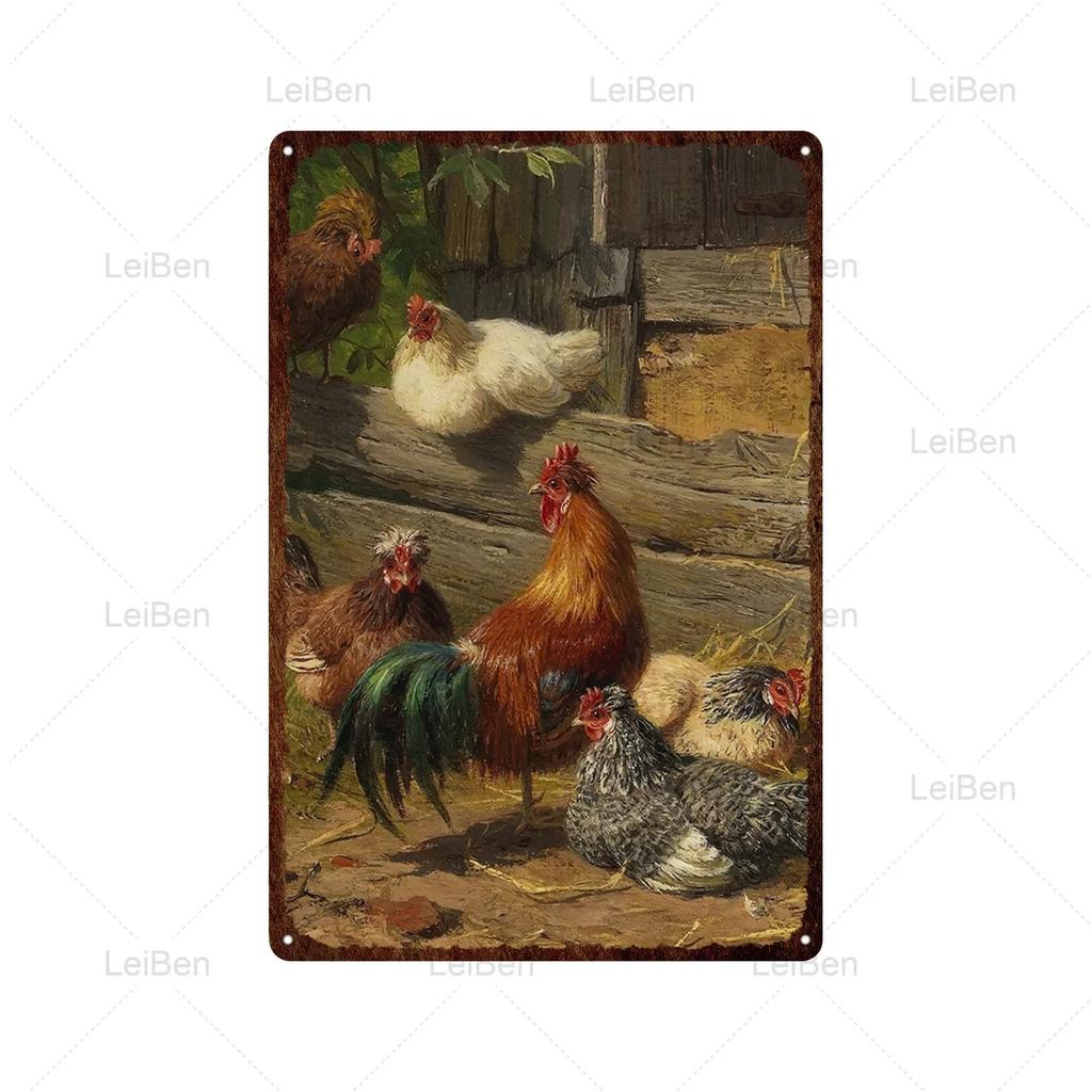Kyckling Vintage Metallplåtskyltar Kyckling Tupp Höna Ägg Gård Staket Skylt Retro Plakett Dekorativ Plåt för Gårdstallrik Heminredning