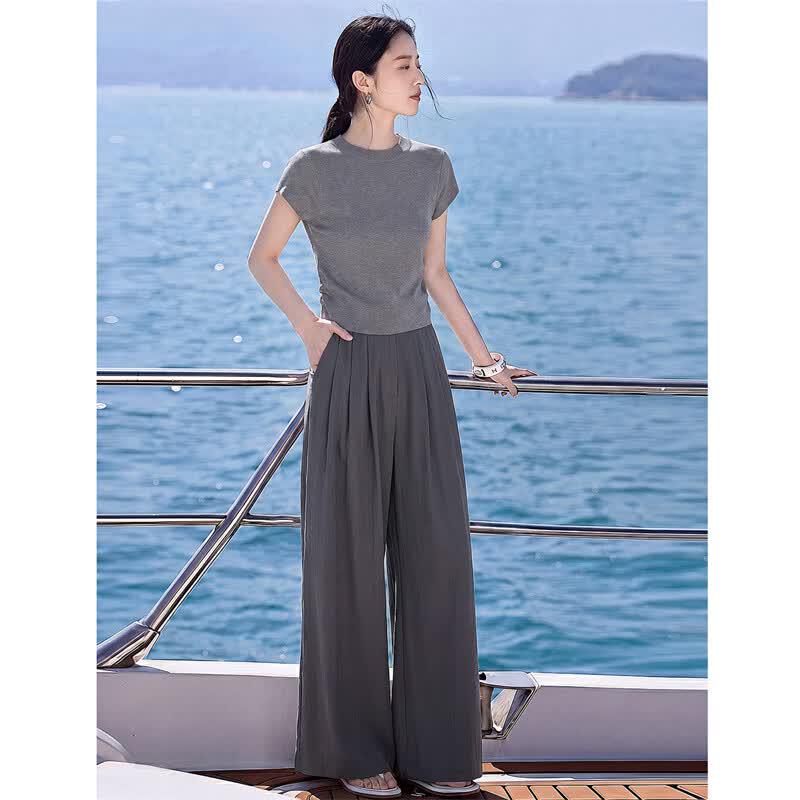 Women's Elegant Knit T-shirt & Wide-Leg Pants Set