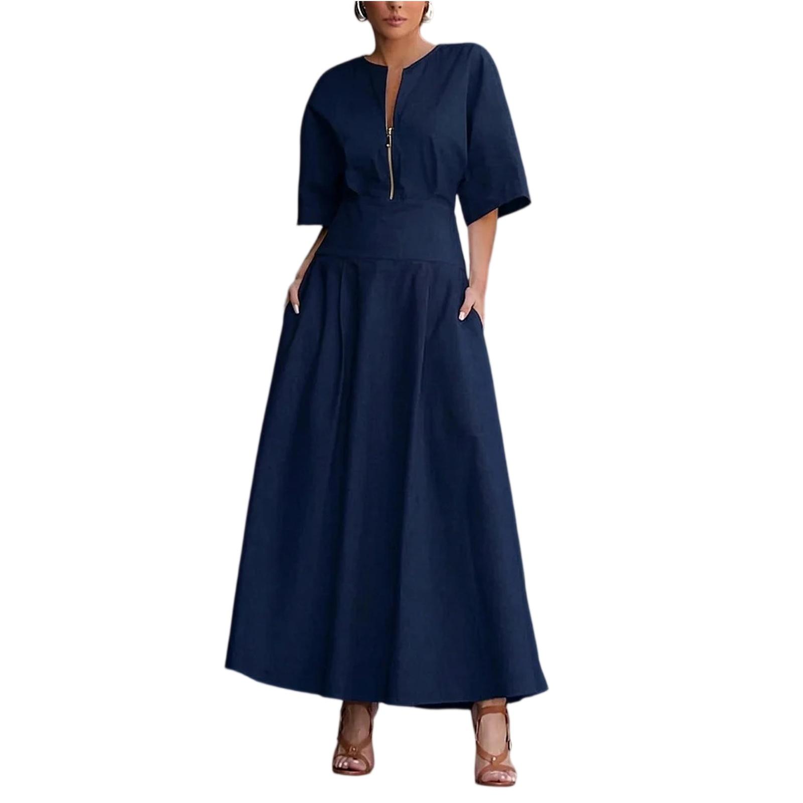 Fashionable Women s  Color Dress, Large Swing Long Skirt, Fashionable Casual Short Sleeved Dress, Women s L темно-синий