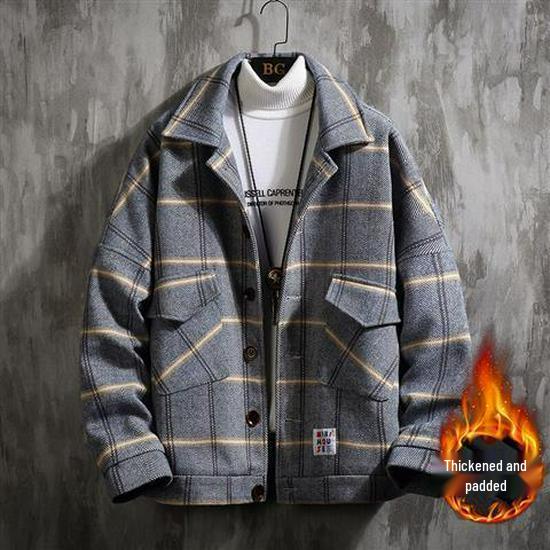 Men's Korean Plaid Woolen Coat - Autumn/Winter Casual British Lapel Windbreaker