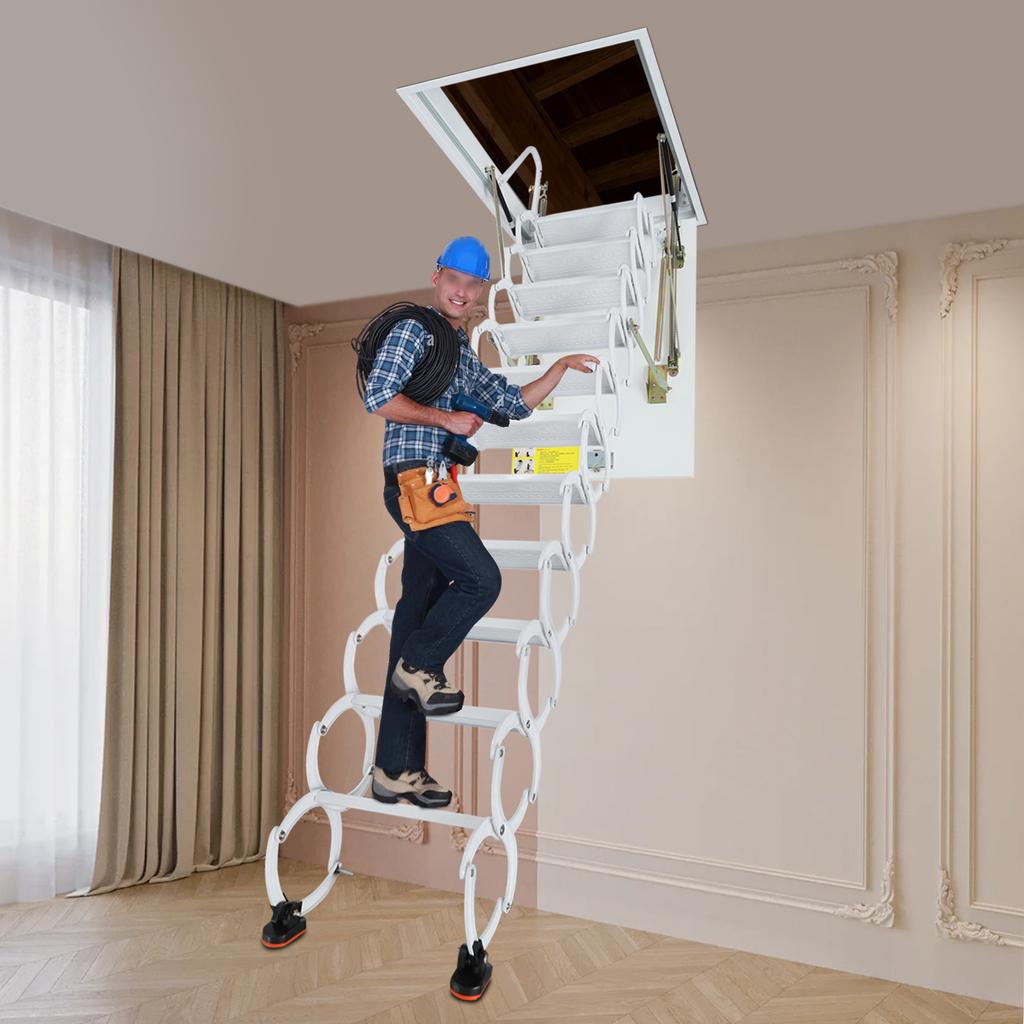 11 Steps Cold-rolled Steel Attic Ladder,70x100cm White/Blue Wall-Mounted Folding Stairs for Flat Roofs