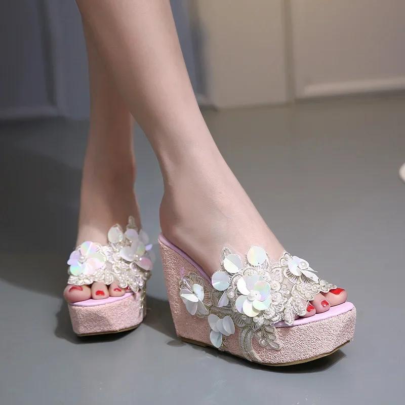 Fashion Comemore Women Fashion Silver High Heels Female Gold Shoes Slippers Footwear for Woman New Summer Flower Platform Wedges Sandals