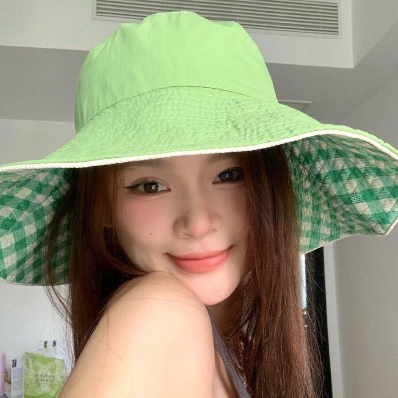 1pc Retro Ins Sweet Plaid Tie Strap Bucket Hat for Women,Summer Big Brim Double Sided Sun Caps Travel Versatile Fisherman Hats
