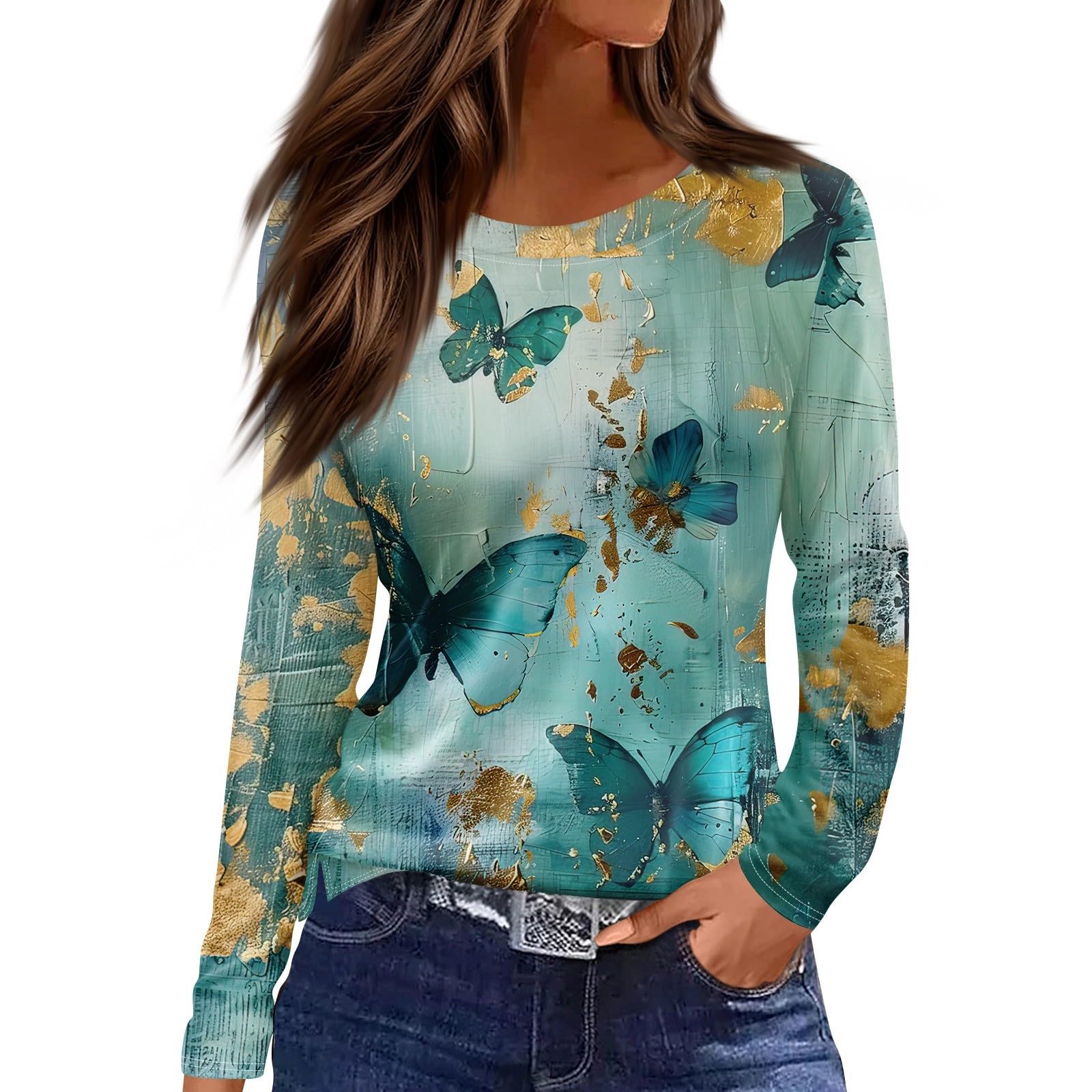 

Женская повседневная футболка с 3D-принтом, цветочным принтом, круглым вырезом, простая элегантная, с длинными рукавами, женская мода, пуловер с длинными рукавами 4XL