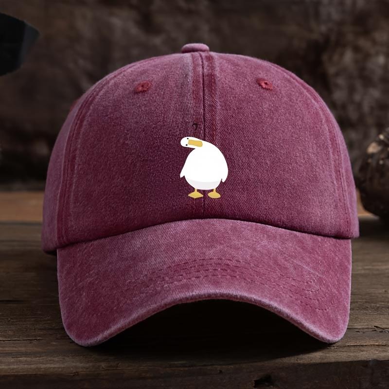 Cute duck print baseball cap with adjustable snap button, breathable fabric, outdoor casual headpiece