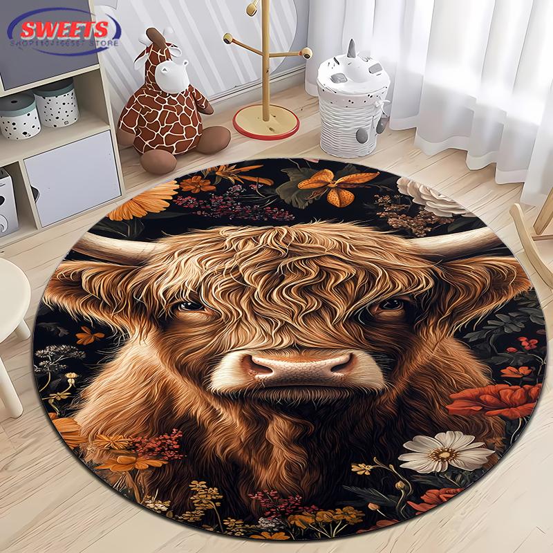 Scottish Highland Cattle Pattern Round Rug Kids Room Circular Carpet Living Room Bedroom Home Decoration Computer Chair Area Mat