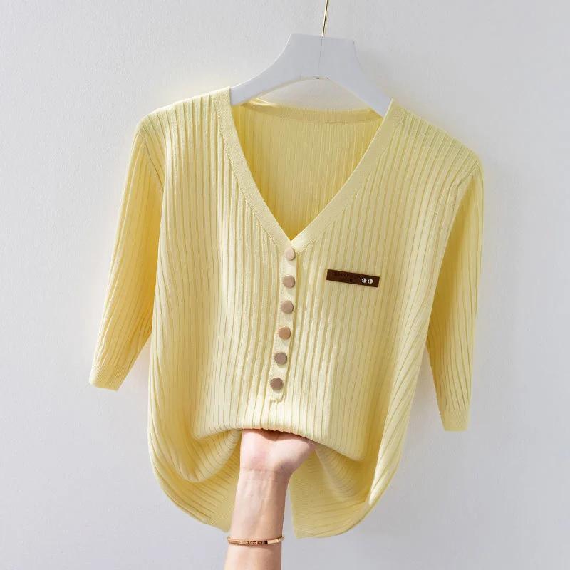 Blusa da Donna a Maglia Costinata Casual Scollo a V Manica Corta Top Decorato con Bottoni