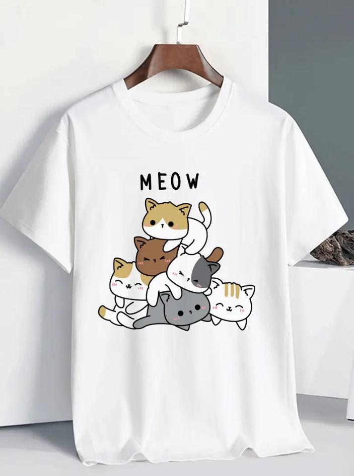 Men s Cotton T-shirt Soft Breathable Summer T-shirt Cute Multi-cat Stacked Graphic Meow Meow Text Couple Daily Casual Shirt S разноцветный