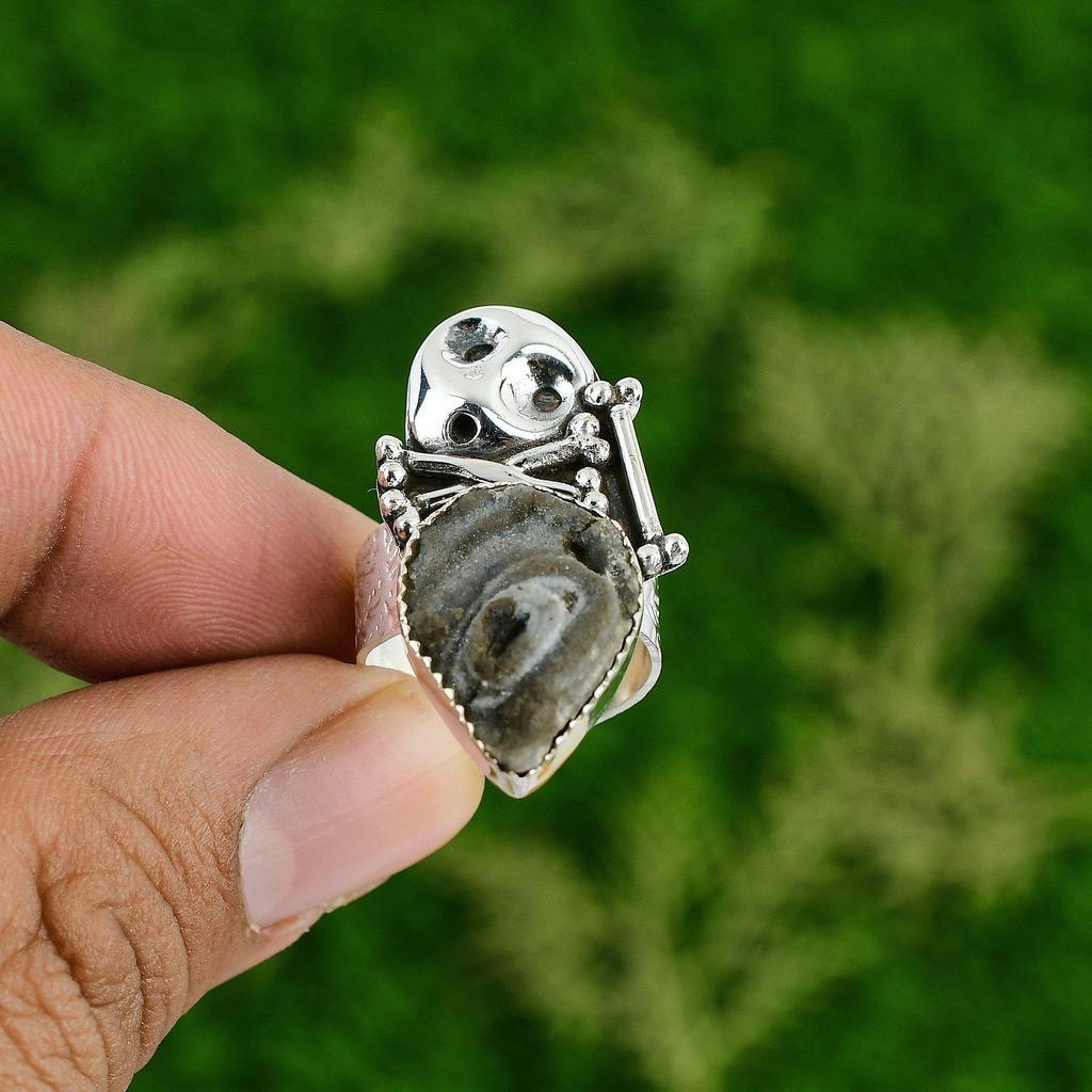 Skull And Bone Adjustable Ring 925 Silver Natural Geode Agate Druzy Rough