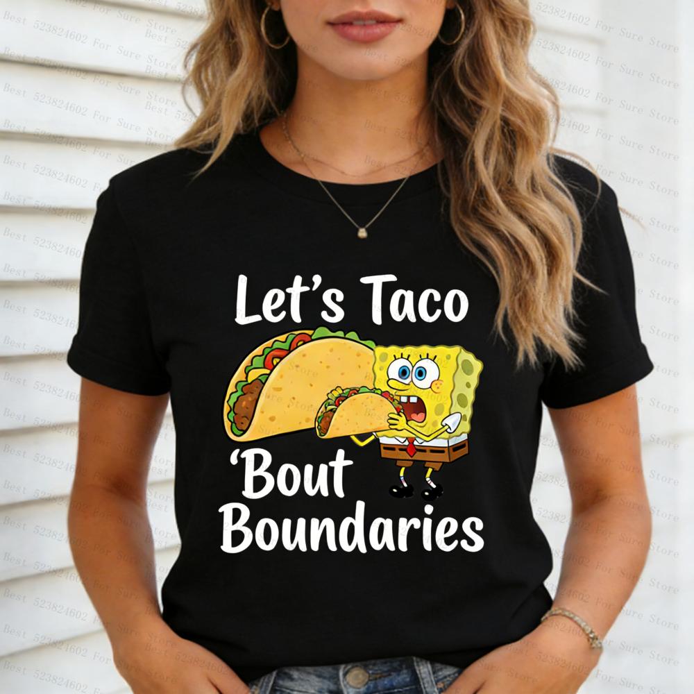 Womens Shirts SpongeBob SquarePants Taco Graphic TShirt Casual Short Sleeve Lets Taco Bout Boundaries Funny Slogan Tops S