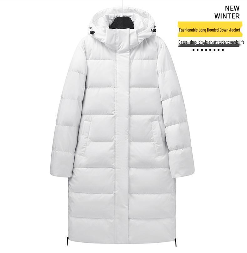 Men's Trendy Winter Long Hooded Down Jacket, Over-the-Knee, White Duck Filling, Unisex Outdoor Warmth Coat.