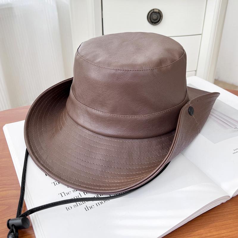 

Western-style cowboy hat for women, spring and summer outdoor sun protection hat PU Leather fisherman hat for men, suitable for hiking and fishing M（56-58cm） коричневий