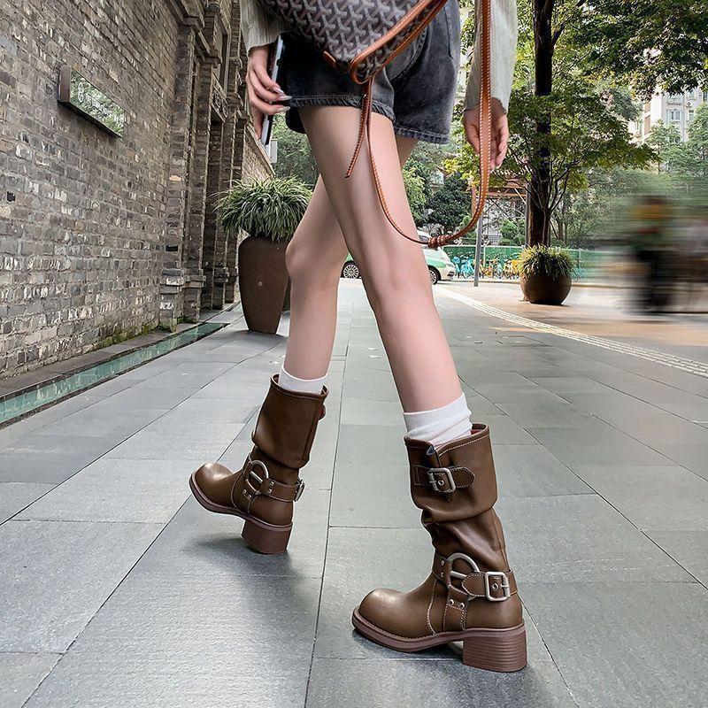

Belt Buckle Pile Boots Medium Boots Women s Tall Knight Boots Thick Heel Square Head Martin Boots 40