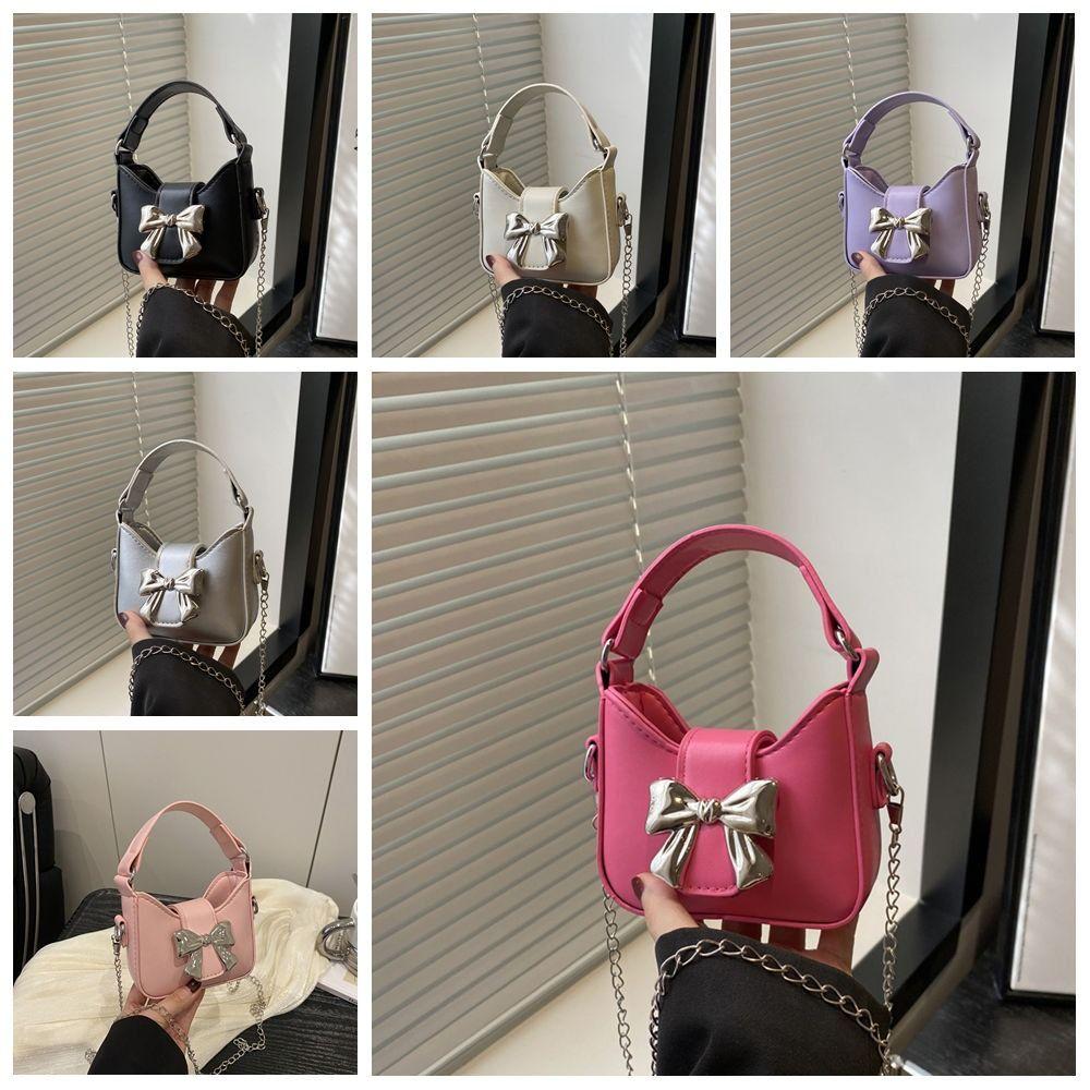 Handbag Silver Bucket Bag Pu Leather Women's Shoulder Bag Simple Bow Buckle PU Bag  Makeup Bag