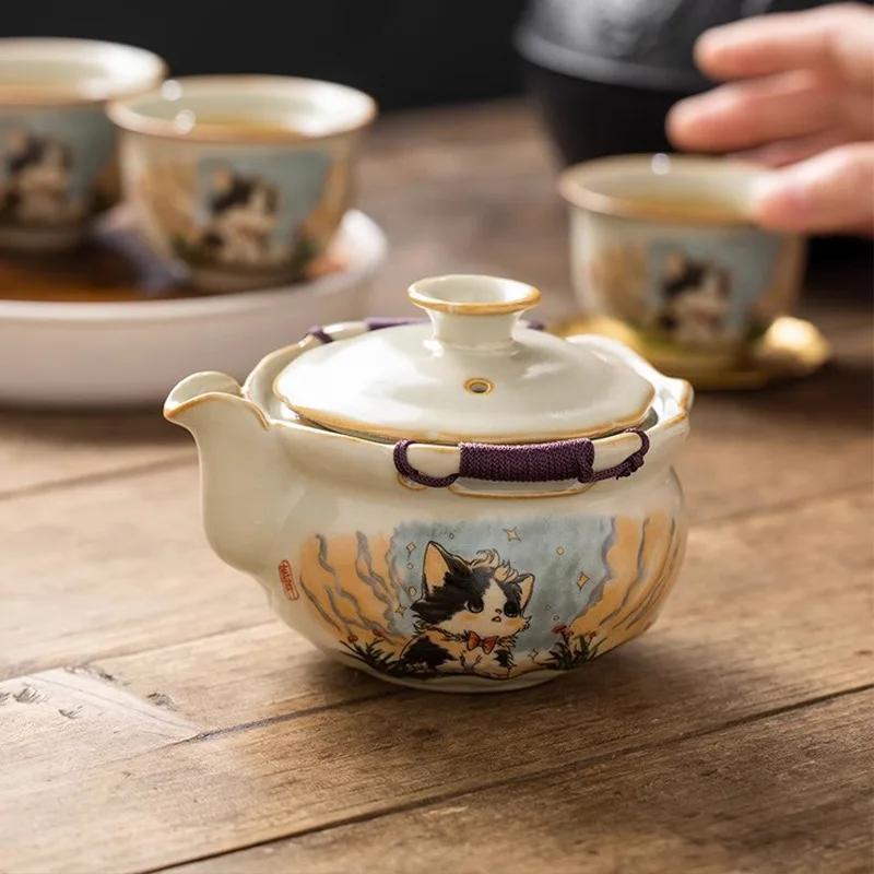 Ru Yao Süße Katze Porzellan-Teekanne Porzellan Gelb Mit Griff Teekanne Teezeremonie-Set Tee-Krawatte Guan Yin Jasmin Teegeschirr Typ