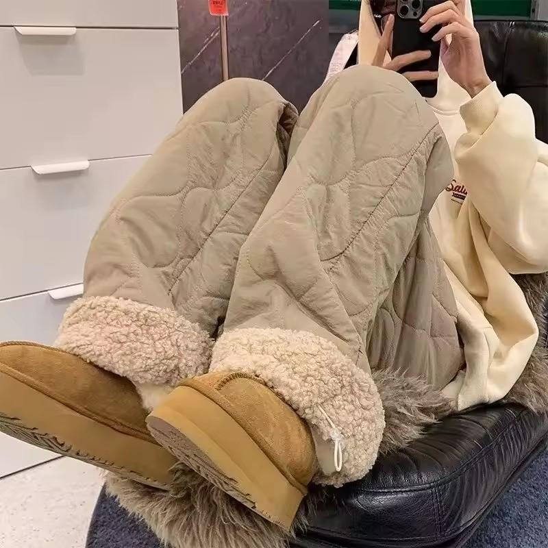 Tykkere fleeceforede bomullsbukser for kvinner Varm avslappet kuldebestandig ekstrem kulde bomull vide ben bukser dame