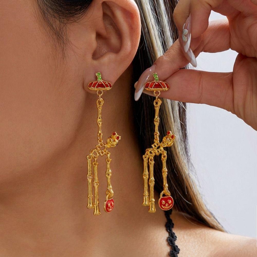 Crystal Pumpkin Ear Studs Zircon Long Tassel Drop Earrings Punk Halloween Skull Earrings  Party