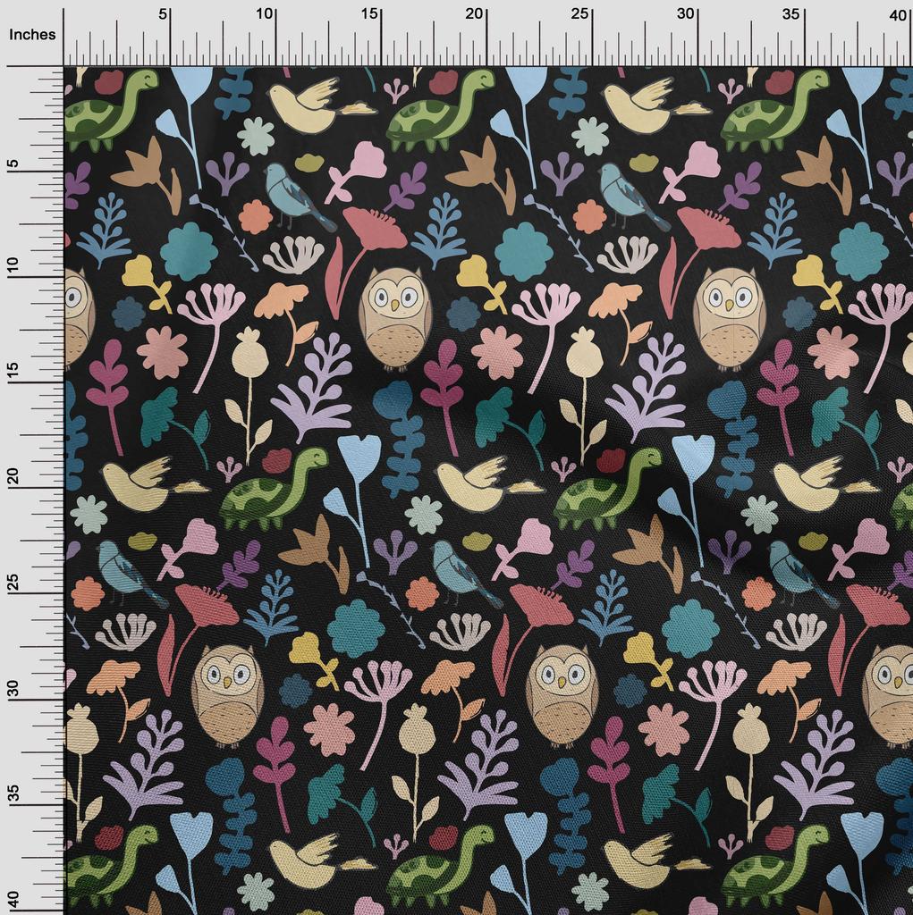 oneOone Cotton Flex Black Fabric Tropical Doodled Animals With Leaves Craft Projects Decor Fabric Printed By The Yard 40 Inch