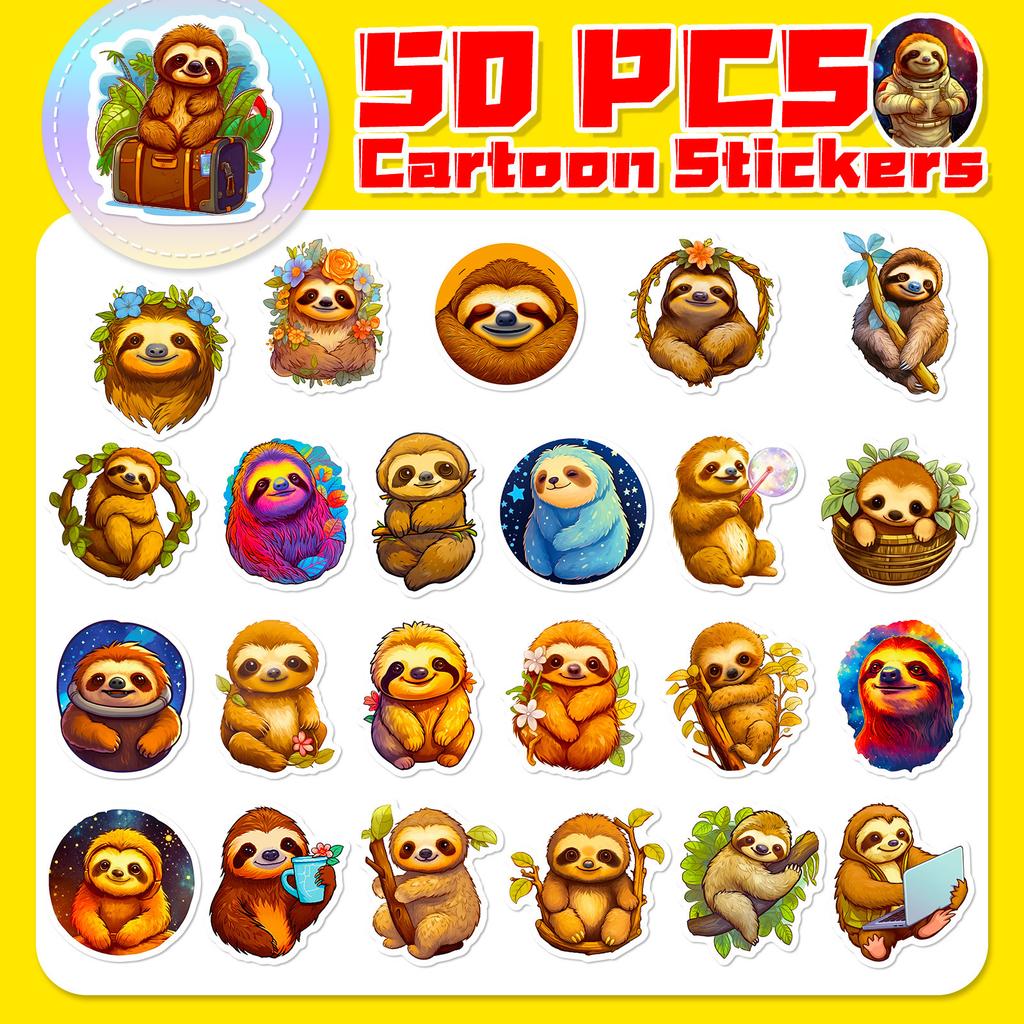 50 Cartoon Cute Sloth Stickers Cute Sloth Doodle Stickers