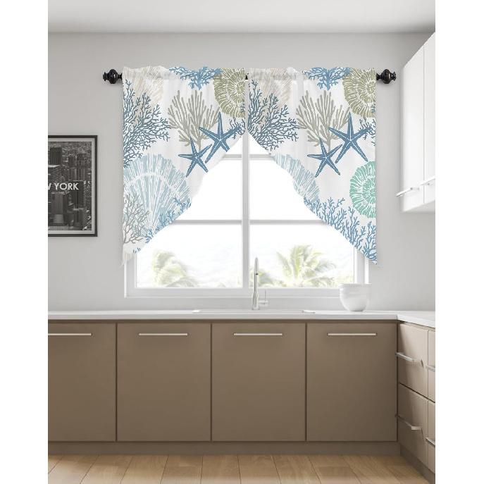 Swag Curtain Valances Nautical Coastal Ocean Coral Short Swag Topper for Small Windows Beach Themed Blue Teal Window Curtain Tiers for Kitchen