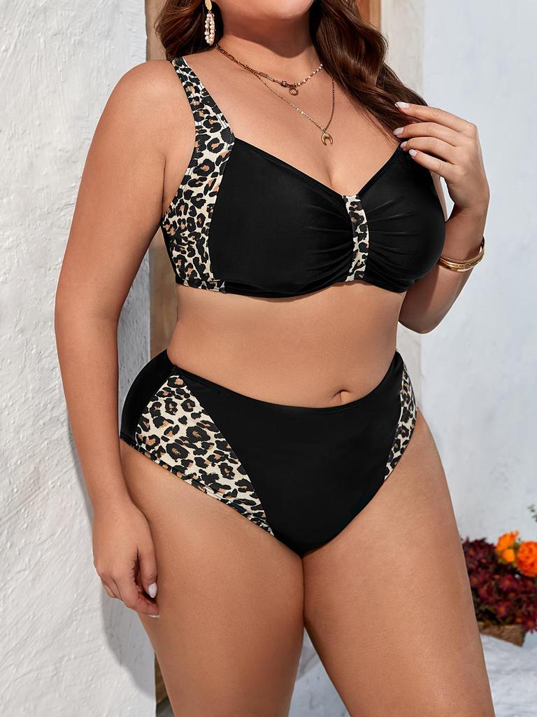 2026 Übergröße Damen Schlankmachender Schwarzer Leopardendruck Bikini Badeanzug