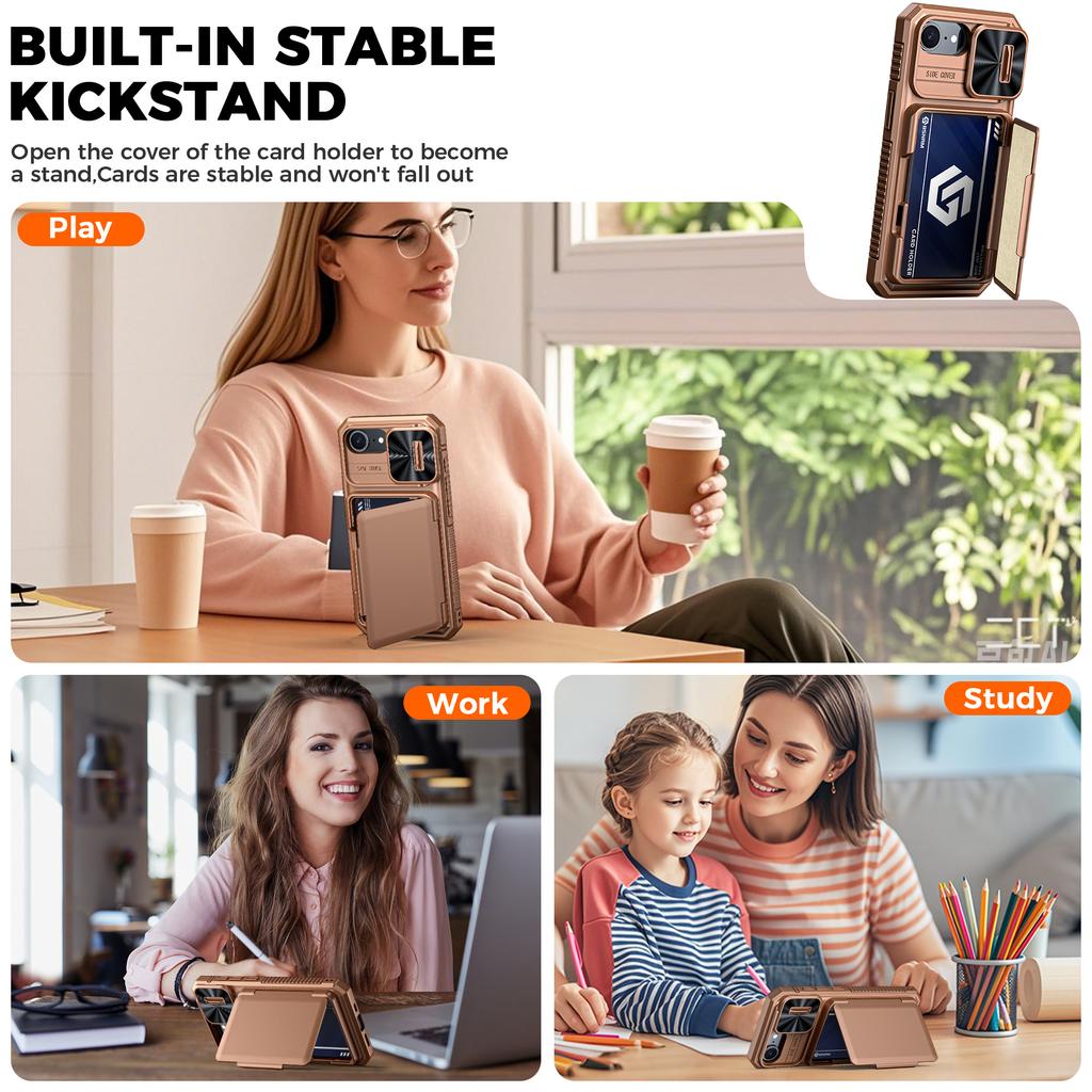 RFID Blocking Wallet Case with Card Holder Sliding Camera Cover PC+TPU Protective Case for IPhone 16e/iPhone 17e-Gold