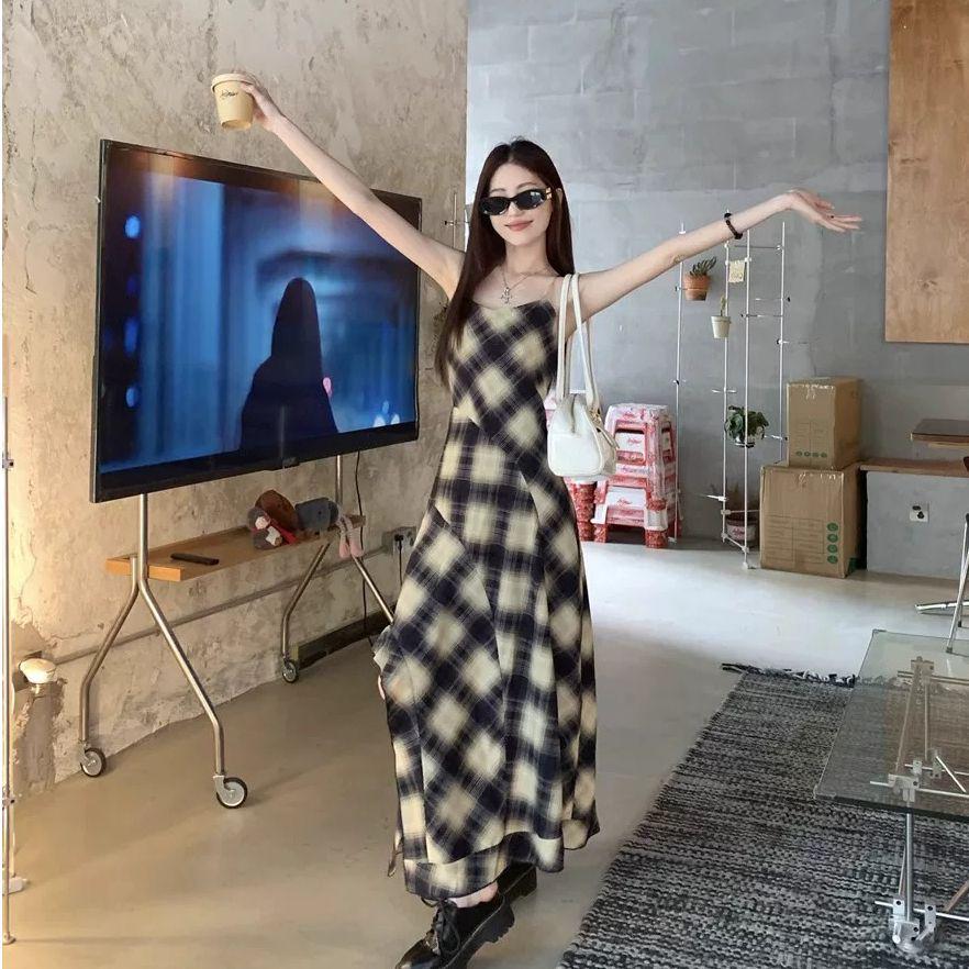 Women s 2026 Summer French Retro Plaid Sling Dress: Mid-Length Design to Flatter Medium