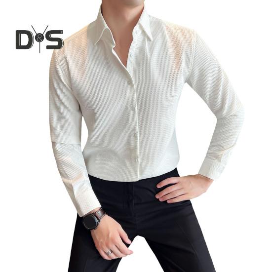 

Мужская рубашка весна-осень во французском стиле с отложным воротником, облегающая, с вафельной текстурой, однобортная, с длинными рукавами, однотонная, средней длины, для молодежи, для делового стиля M белый