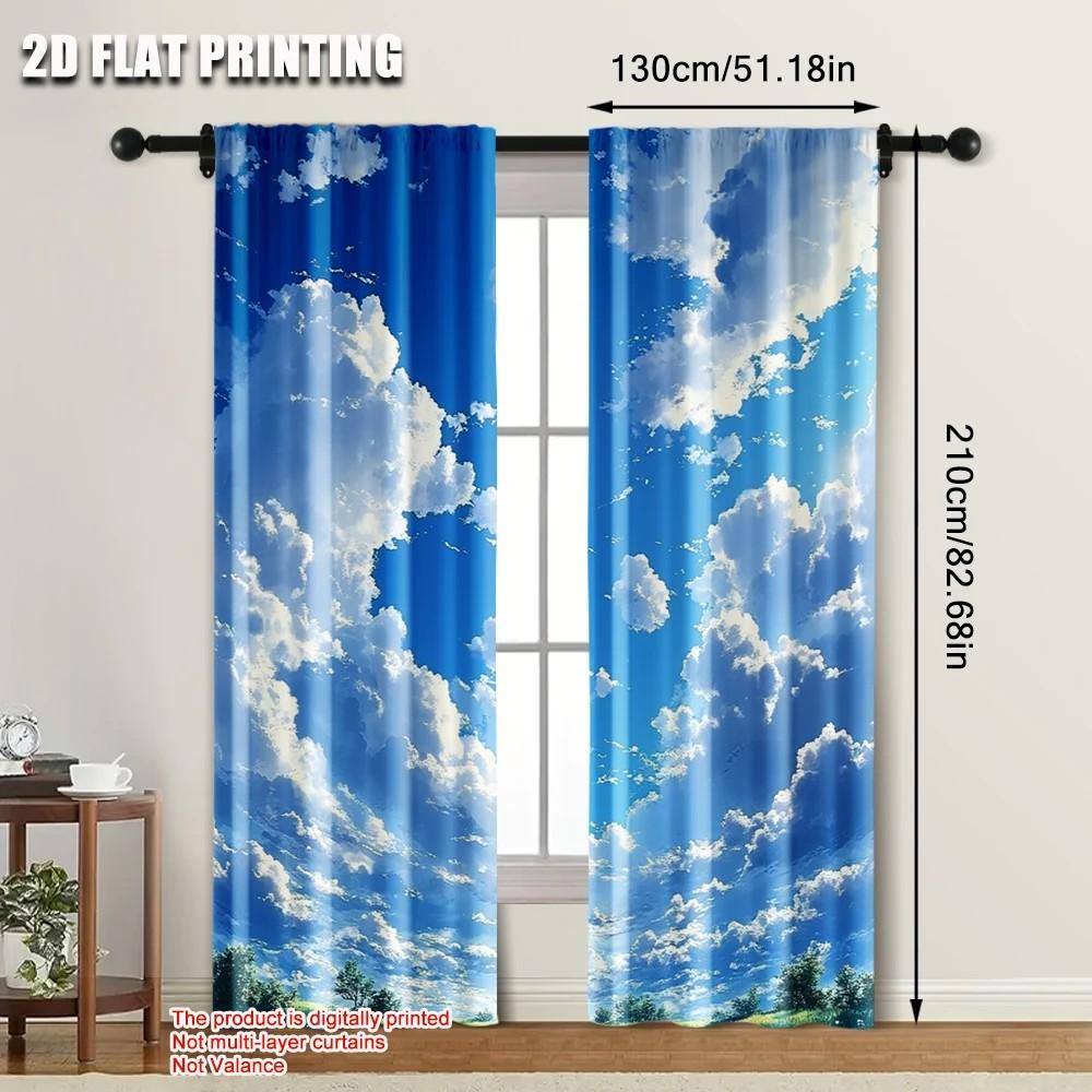 Set Of 2 Dreamy Clouds Print Curtain Polyester Living Room Bedroom Decor With Rod Pocket Darkening Perfect For
