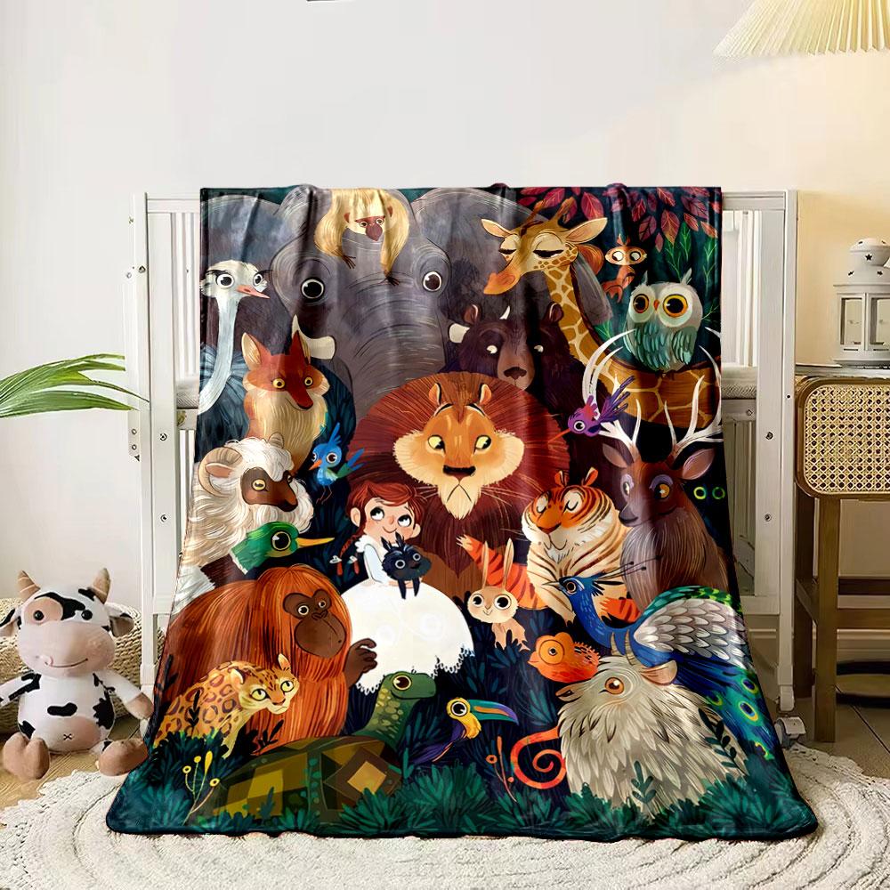 

A colorful gathering of various animals and a person in a forest setting. for all seasons blanket lunch break throw gift 80cm x 120cm