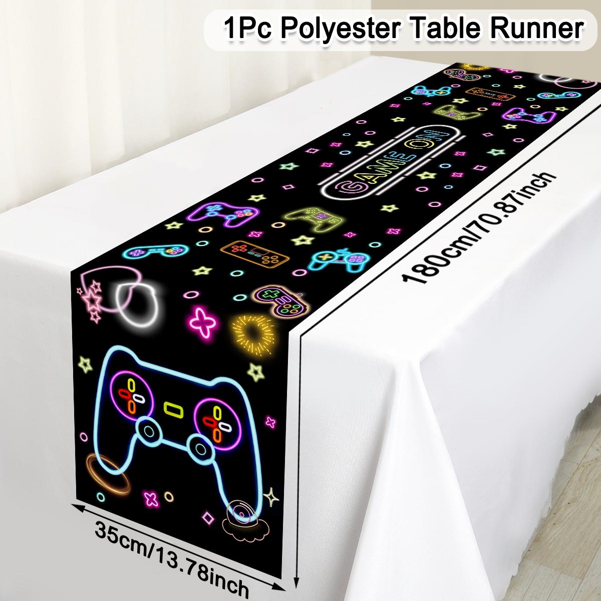 

1pc Neo Glow Table Runner Fluorescent Game Console Design Polyester Tablecloth for Glow in the Dark Game Theme Party Supplies