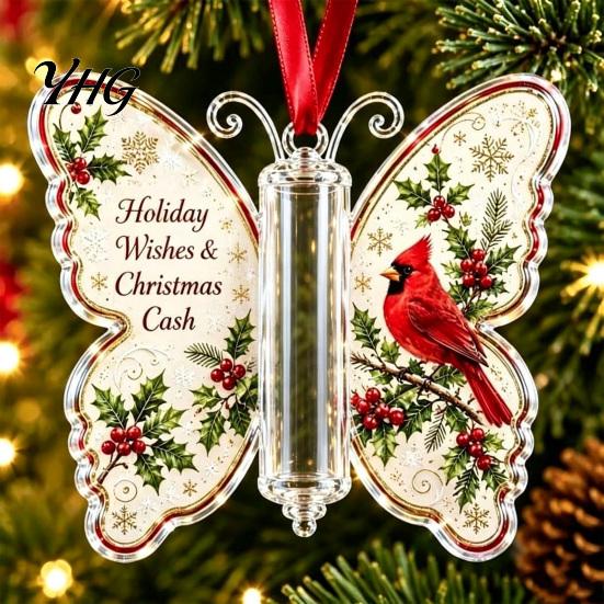 Festive Tree Hanging Decor Butterfly Cash Gift Ornament, Christmas Money Holder with Gifts for Family Friends Print, Acrylic Pendant Surprise Giving,