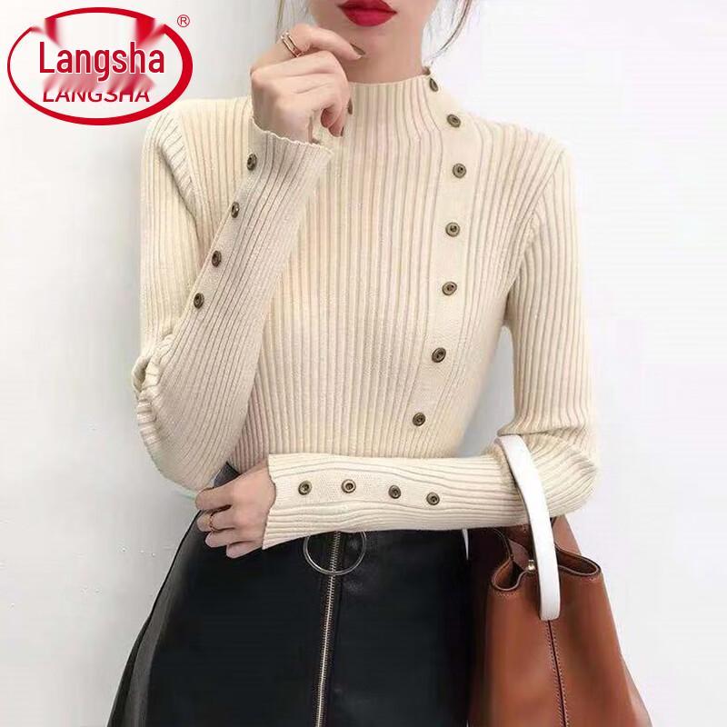 Langsha Women's High-Neck Button-Accent Slim Knit Sweater