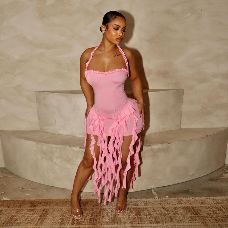 

Женское однотонное платье с бахромой и сумкой на шее, модное платье XXL розовый