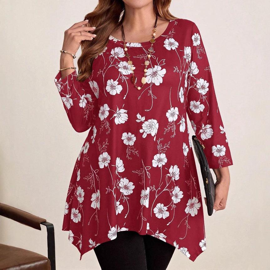 European Floral Print Asymmetrical Hem Long Sleeve Plus Size Top for Women - Spring/Autumn