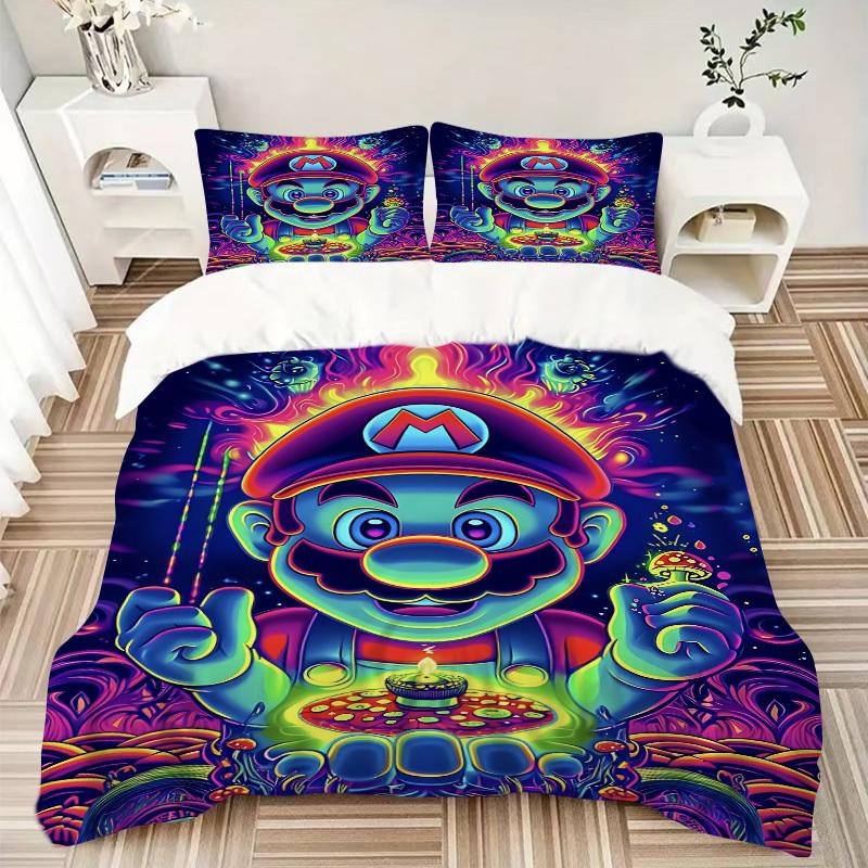 3pcs bedding set Psychedelic Mario Includes 1 Comforter + 2 Pillowcases, Without Pillow Inserts, Soft Comfortable, Lightweight Breathable, P