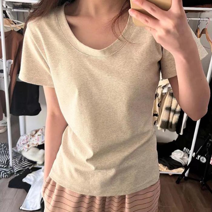 Short-sleeved U-neck short T-shirt women s summer new slim-fit Spice Girl waist half-sleeved T-shirt bottoming shirt top S светло-серый