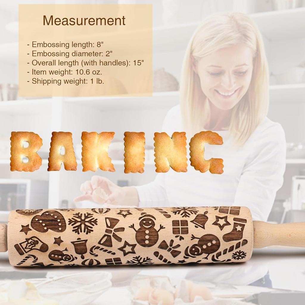 Christmas Embossed Rolling Pin for Baking Cookies Embossing Rolling Pins with Design Wooden Engraved Springerle Roller Pin Dough Patterned Clay
