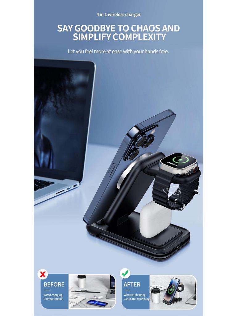 Foldable Multi-Functional Wireless Charging Stand with Built-in Cable - 15W Four-in-One Fast Charger for Mobile Phones