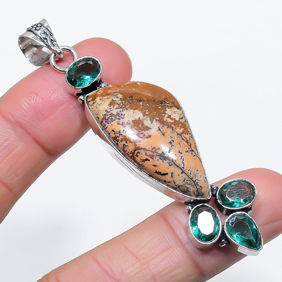 Natural Picture Jasper, Diopside 925 Sterling Silver Jewelry Pendant 2.88" d1S37