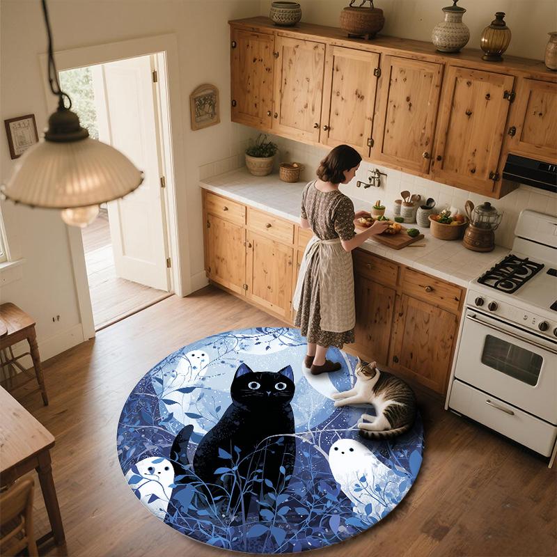 Night Cat Round Area Rug,Carpet Rug for Living Room Bedroom Sofa Playroom Decor,Non-slip Floor Mat