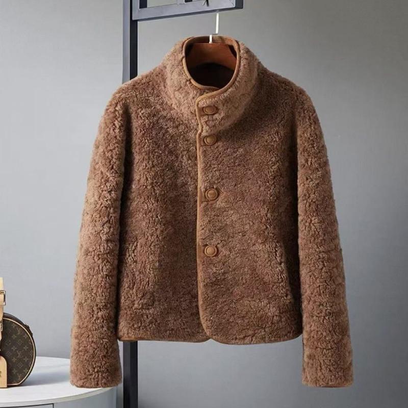 

Майяр с обеих сторон, свободный воротник-стойка, пальто из овечьей шерсти, женская одежда, короткое пальто из стриженой овчины, шик осени и зимы l （130-150） темно-коричневого