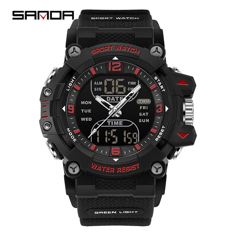 SANDA Men's Multifunction Sport Watch: Waterproof, Countdown, Dual Display, Fashionable Student Wristwatch.