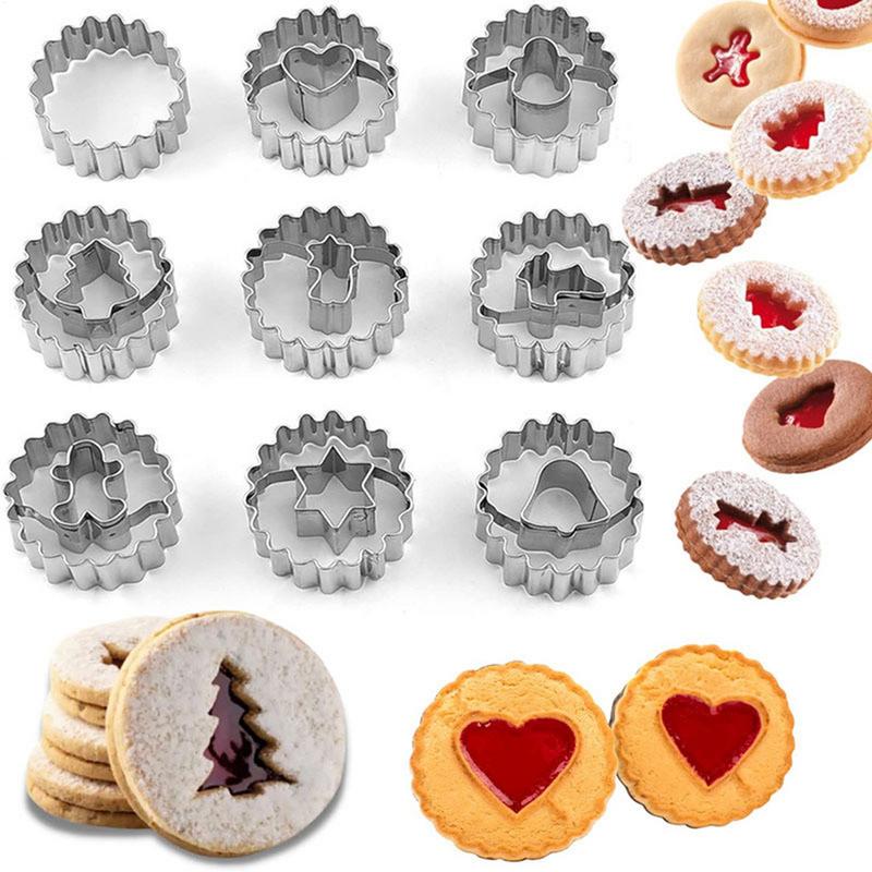 Small Christmas Cookie Cutters 9X Stainless Steel Round Cookie Cutter Holiday Favor Decorative Heart Star Gingerbread Man Baking