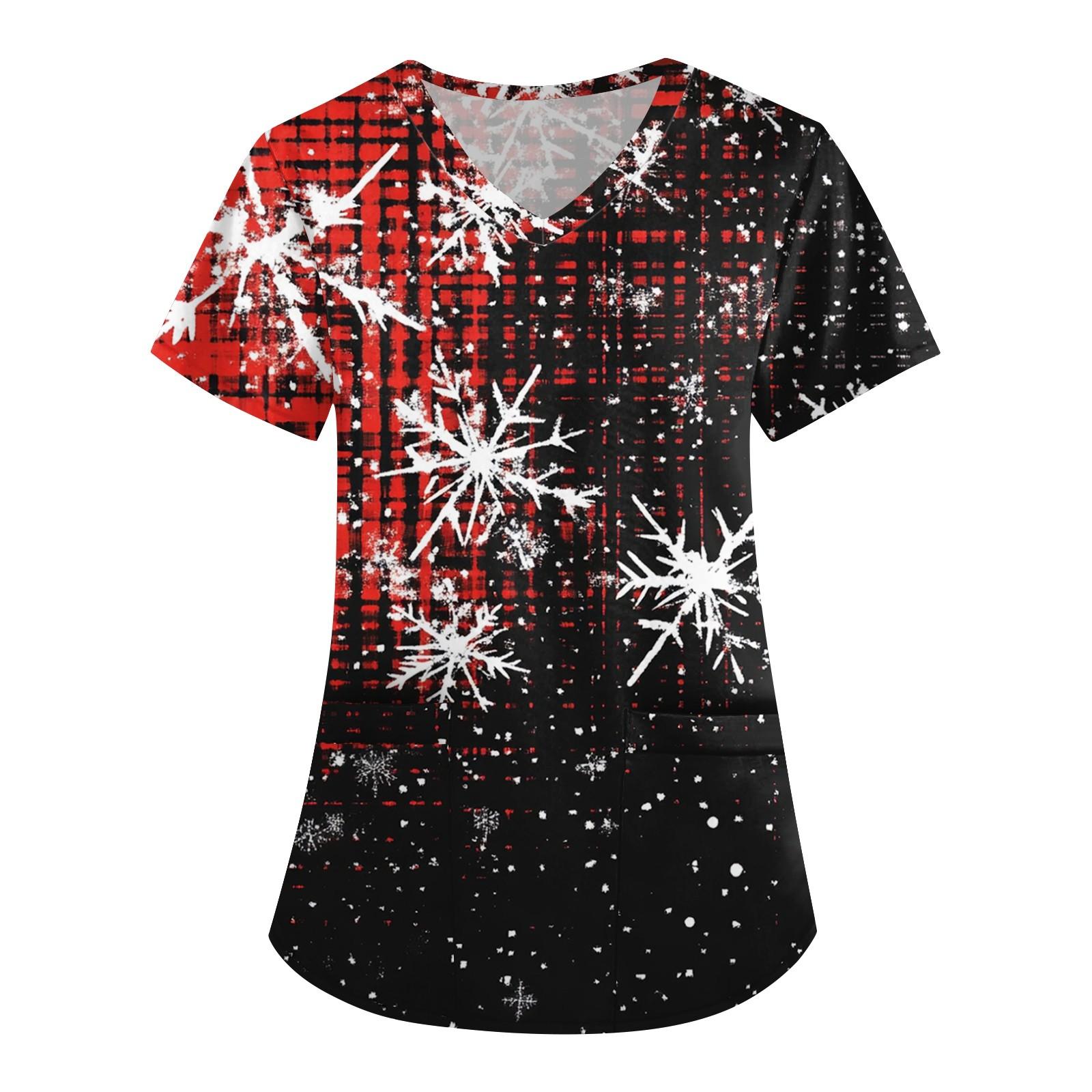 

Женская симпатичная рабочая одежда с принтом, V-образным вырезом, двухслойными карманами, базовым коротким рукавом, пуловером на Рождество XL арбуз красный