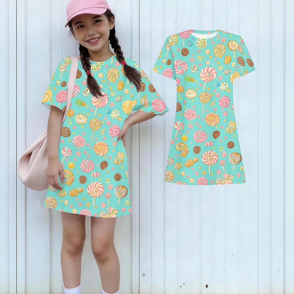 Girls Print Casual Dress Kids Loose Round Neck Short Sleeve Thin Sundress