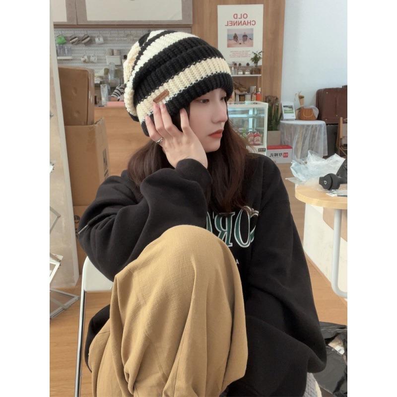 Winter Warm Wool Hats Stacking Hats Thickened Stripes Contrasting Colors Knitted Hats Big Head Circumference Showing Small Face