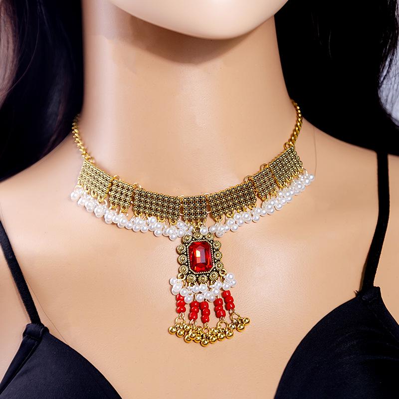 Bohemian Crystal Jewelry Set: Ethnic Tassel Necklace & Earring with Rhinestones