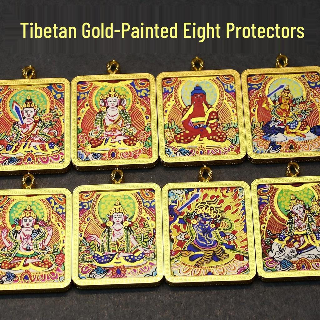 Gold-Painted Tibetan Thangka Pendant with Eight Guardian Deities in Zhakiram Mahakala Gau Design
